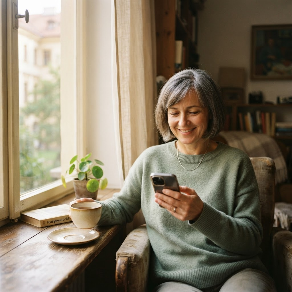 Žena sedí u okna, usmívá se a dívá se do telefonu